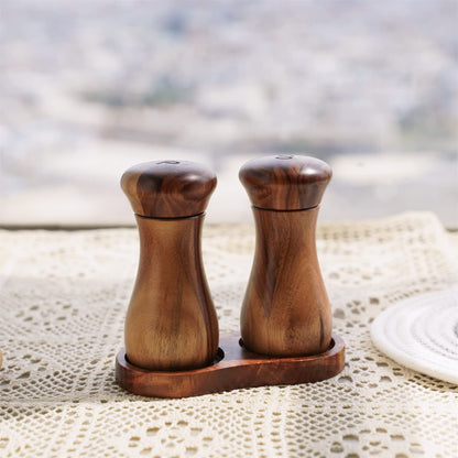DeroTeno Salt and Pepper Grinder Set with Mill Tray, Set of 2 Salt and Pepper Mill with Ceramic Grinder Acacia Wood, Height 13 cm / 5 inch, Dia 6 cm
