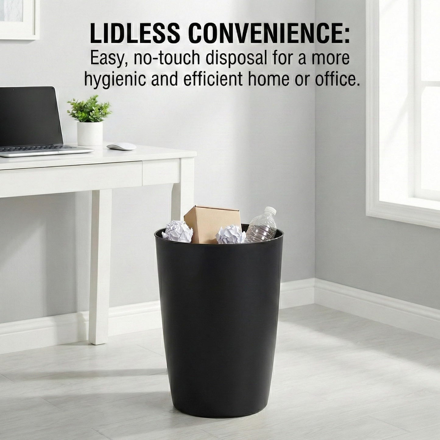 Mini Waste Basket - Durable Small Plastic Garbage Trash Can Bin - Lidless Open-Top, Slim Profile for Compact Spaces - Suitable for Home, Bathroom, Office, Bedroom, Kitchen and More, Black