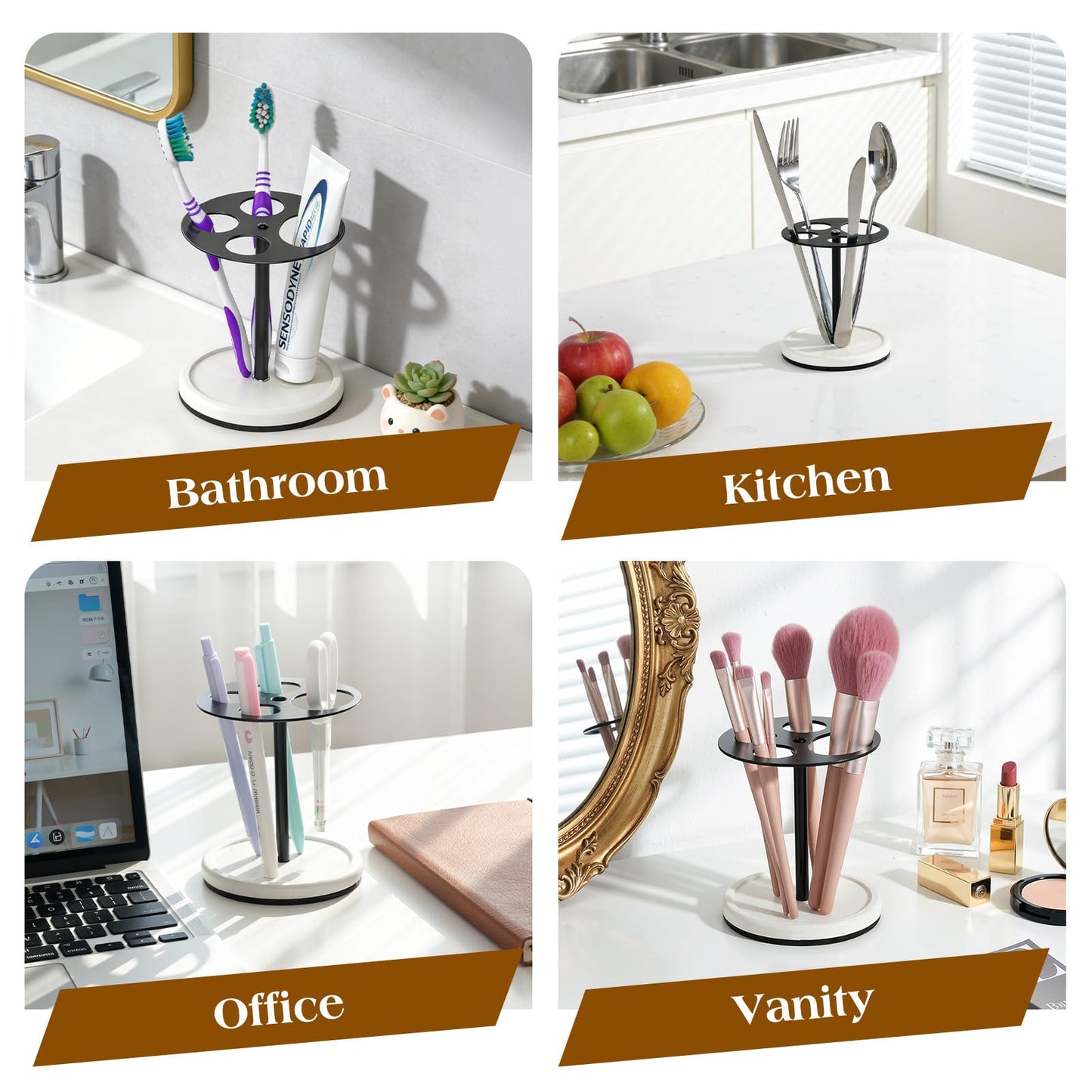 Luxspire Toothbrush Holder Stand 5 Slots, Stainless Steel Tooth Brush Holder with Diatomaceous Earth Base, Tooth Brush Holder for Bathroom, Home, Hotel Countertop Vanity, Matte Black