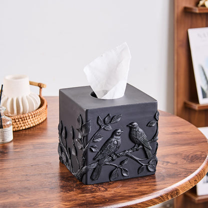 Black Marble Relief Birds Square Tissue Box Cover Decorative,Resin Heavy Sturdy Tissue Box Holder, Facial Paper Holder for Bathroom Vanity Countertop, Bedroom Night Stand,Office and End Table