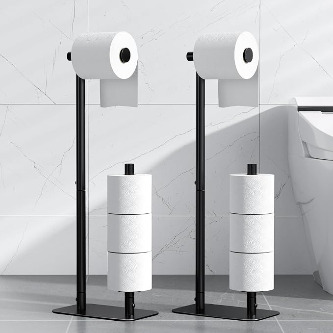 Kitsure Toilet Paper Holder Free Standing - Large Capacity Toilet Paper Holder for 4 Rolls, Rustproof Toilet Paper Stand with Non-Slip Stable Base, Black, 2 Pack