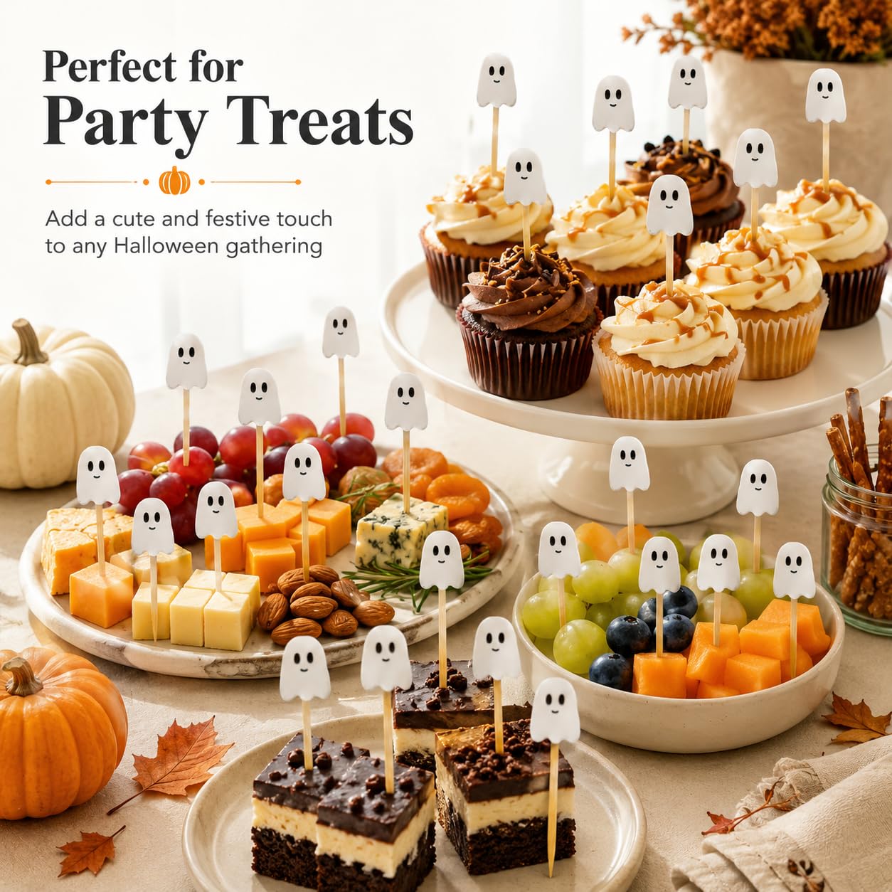 100 Pcs Ghost Cocktail Picks for Halloween and Fall – Bamboo Toothpicks with Cute Ghost Design for Appetizers, Fruit, Desserts, Coffee Drinks, Cake Toppers and Party Decorations (white)