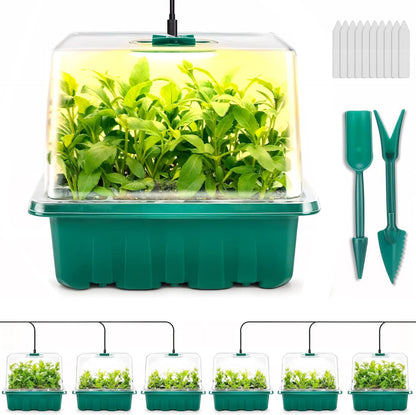 Ourhom Seed Starter Tray with Grow Light, 6pcs Seed Starter Kits with Light and Adjustable Humidity Domes, Covers Height 3.9", Indoor Seedling Starter Plant Germination Trays (Green-Warm White)