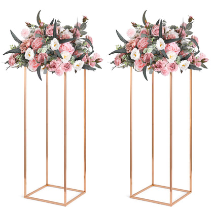 Gold Wedding Flower Stands, Set of 2 Metal Vases Column Geometric Wedding Table Display Centerpieces 31½ inches Tall Floral Decoration Holders for Wedding Party Decor