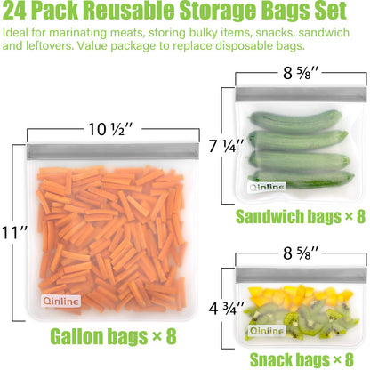 Reusable Food Storage Bags - 24 Pack Freezer Bag, Reusable Bags Silicone, Extra Thick Leakproof Lunch Bag