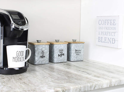 AuldHome Design Farmhouse Galvanized Canisters (Set of 3); Storage Containers for Coffee, Tea and Sugar in Galvanized Iron and Wood Design