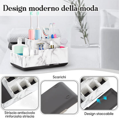 Detachable Toothbrush and Toothpaste Holder for Bathroom Countertop, Large Bathroom Organizer Storage Anti-Slip for Shower, Kitchen, Kids, Family, Multifunction Toothbrush Holders Marble Silver