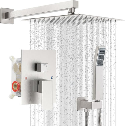 10" Square Rain Shower Faucet Set, Wall Mount, Brush Nickel | 304 SS, air tech boosts pressure 50%, dual spray, anti-fingerprint