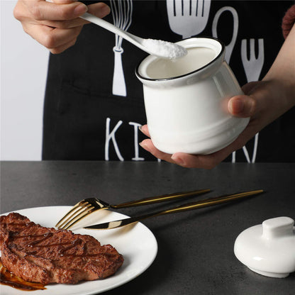 HAOTOP Porcelain Salt Bowl with Lid and Spoon,Ceramic Sugar Bowl 12oz (White)