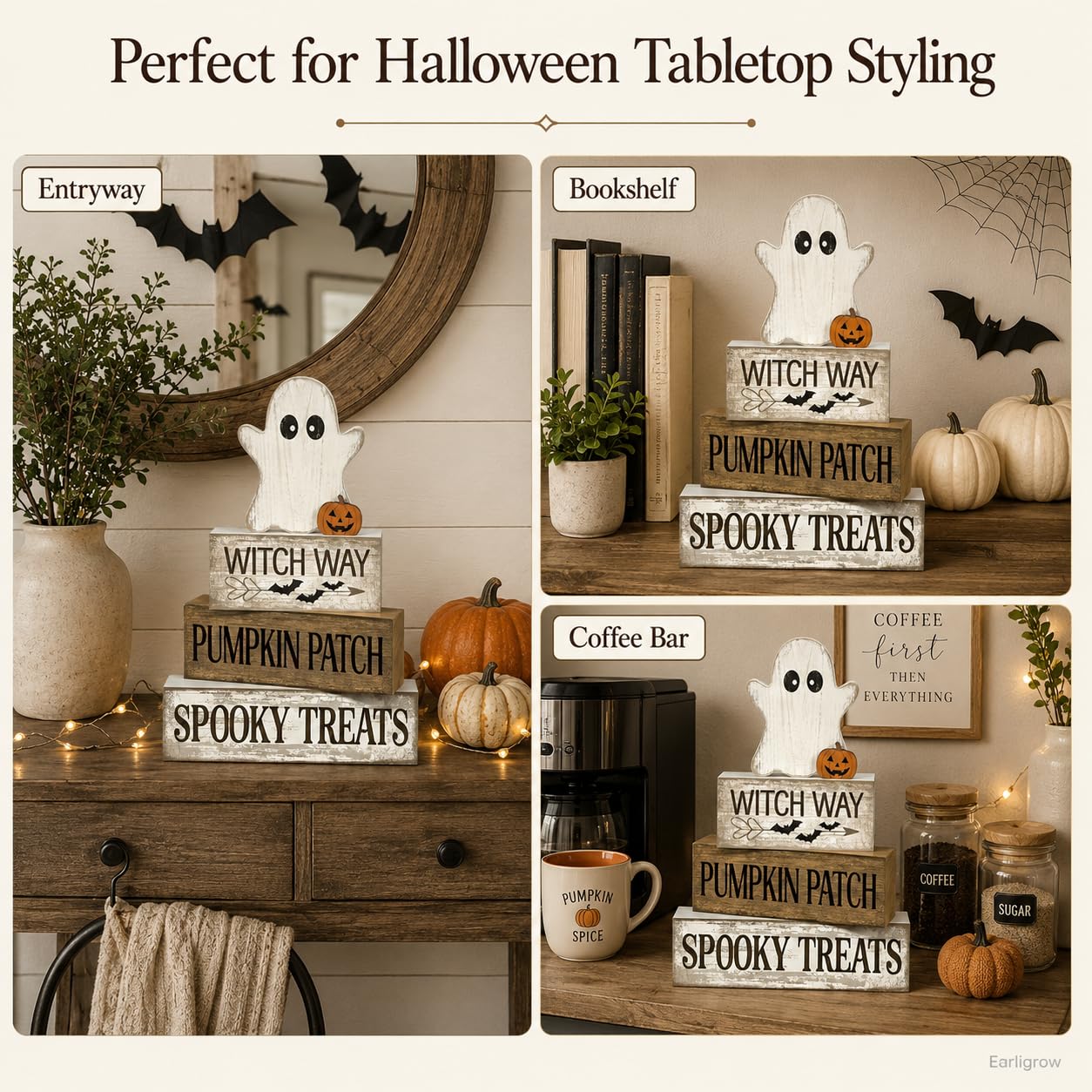 4 Pcs Halloween Table Decorations Wooden Ghost Tiered Tray Decor Farmhouse Rustic Block Signs Cute Pumpkin Tabletop Centerpiece for Home Office Mantel Kitchen Shelf