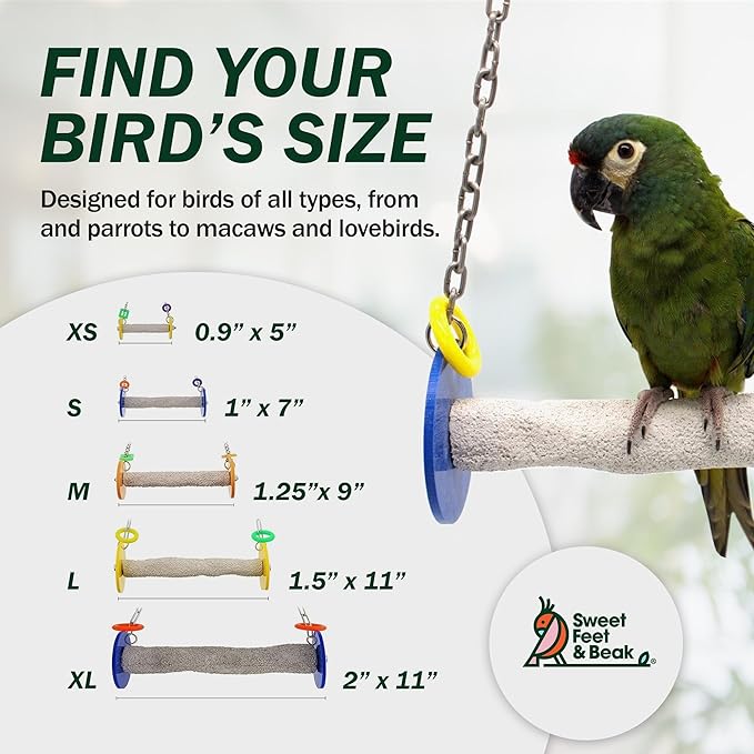 Sweet Feet and Beak Roll Bird Swing - Pumice Perch Bird Toys Trims Nails and Beaks, Safe Bird Cage Accessories for Small and Large Birds, Swinging Toys Birds Will Love, Large 10.5 Inches - Blue