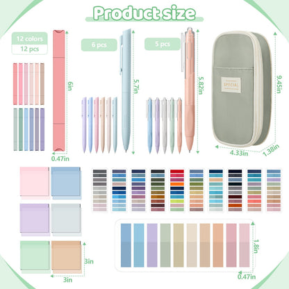 Trandraft 135 Pcs Book Annotation Kit with Pencil Case, 12 Pastel Highlighters, 11 Gel Pens, Fine Marker, 300 Transparent Sticky Notes, 2640 Index Tabs, Bible Study Supplies Kit(Classic,Light Green)