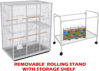 Large Double Breeding Flight Bird Wrought Iron Double Parrot Bird Cage Slide Out Center Divider Side Nesting Box Doors Cockatiel Conure Removalbe Rolling Stand