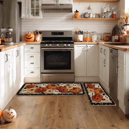 Artoid Mode Black Ghost Spooky Jack-O'-Lantern Pumpkin Halloween Kitchen Mats Set of 2, Low-Profile Home Decor Kitchen Rugs for Floor - 17x29 and 17x47 Inch