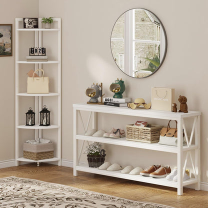 FATORRI Tall Corner Shelf, 5 Tier Modern Corner Bookshelf Stand, Wood and Metal Corner Plant Bookcase for Living Room, Home Office (White Oak)