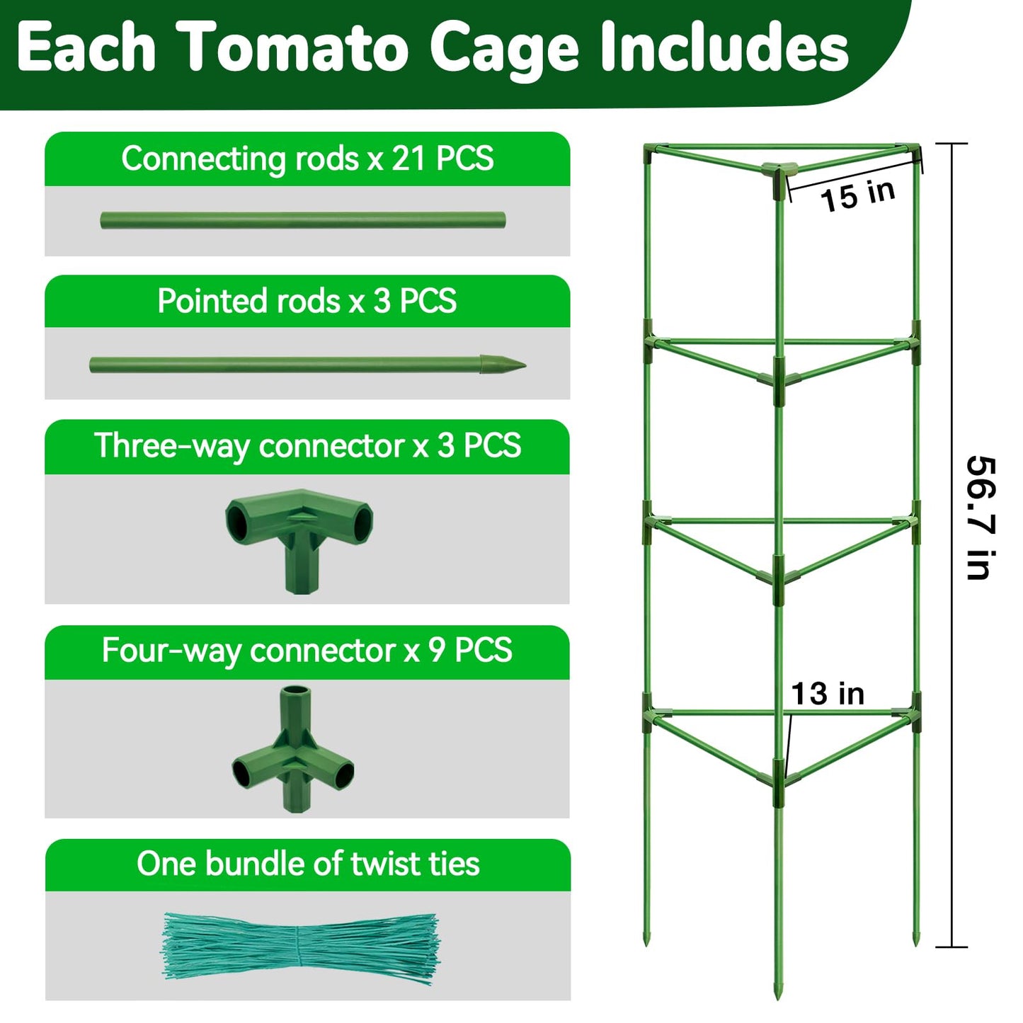 ZeeDix Tomato Cages with Bird Netting Set - 4 Pack 57 Inches Heavy Duty Tomato Cages + 4 Pack 61 Inches Garden Mesh Barrier for Tomatoes Climbing Vegetables Flowers