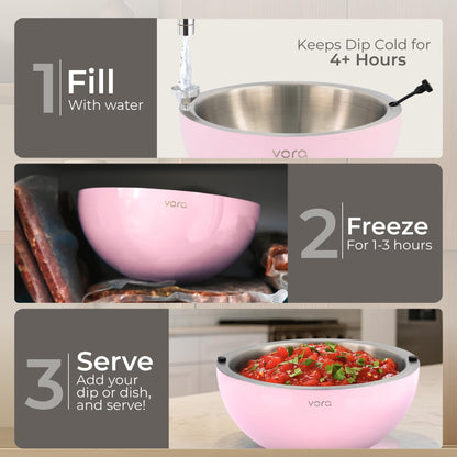 Vora 35oz Dip Chiller Bowl | 1 Pack Pink Stainless Steel Chilled Serving Bowl Keep Dips, Salads, and Appetizers Perfectly Cold with Leak-Resistant Ice Bowl for Effortless Hosting