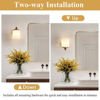 Mecgirn Gold Milk Glass Wall Sconces, 1 Pack Hardwired Indoor Wall Light Fixtures for Living Room, Hallway, Bedroom, Ceramic E26 Sockets (Bulbs Not Included)