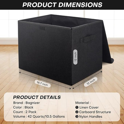 Bagnizer Large 42 Quarts Fabric Storage Bins with Lids [2-Pack] Linen Collapsible Foldable Storage Cubes, Closet Organizer Containers boxes with Handles for Home Office (16.7 x 12 x 12, Black)