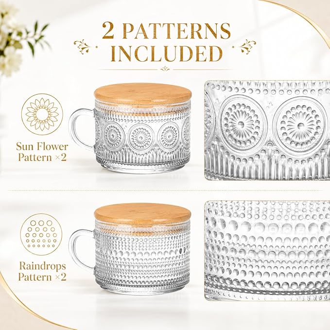 Semderm Vintage Glass Coffee Mugs Set of 2, Overnight Oats Containers with Bamboo Lids and Spoons - 14oz Clear Tea Cups for Cappuccino Latte Americano Cereal Yogurt Beverage