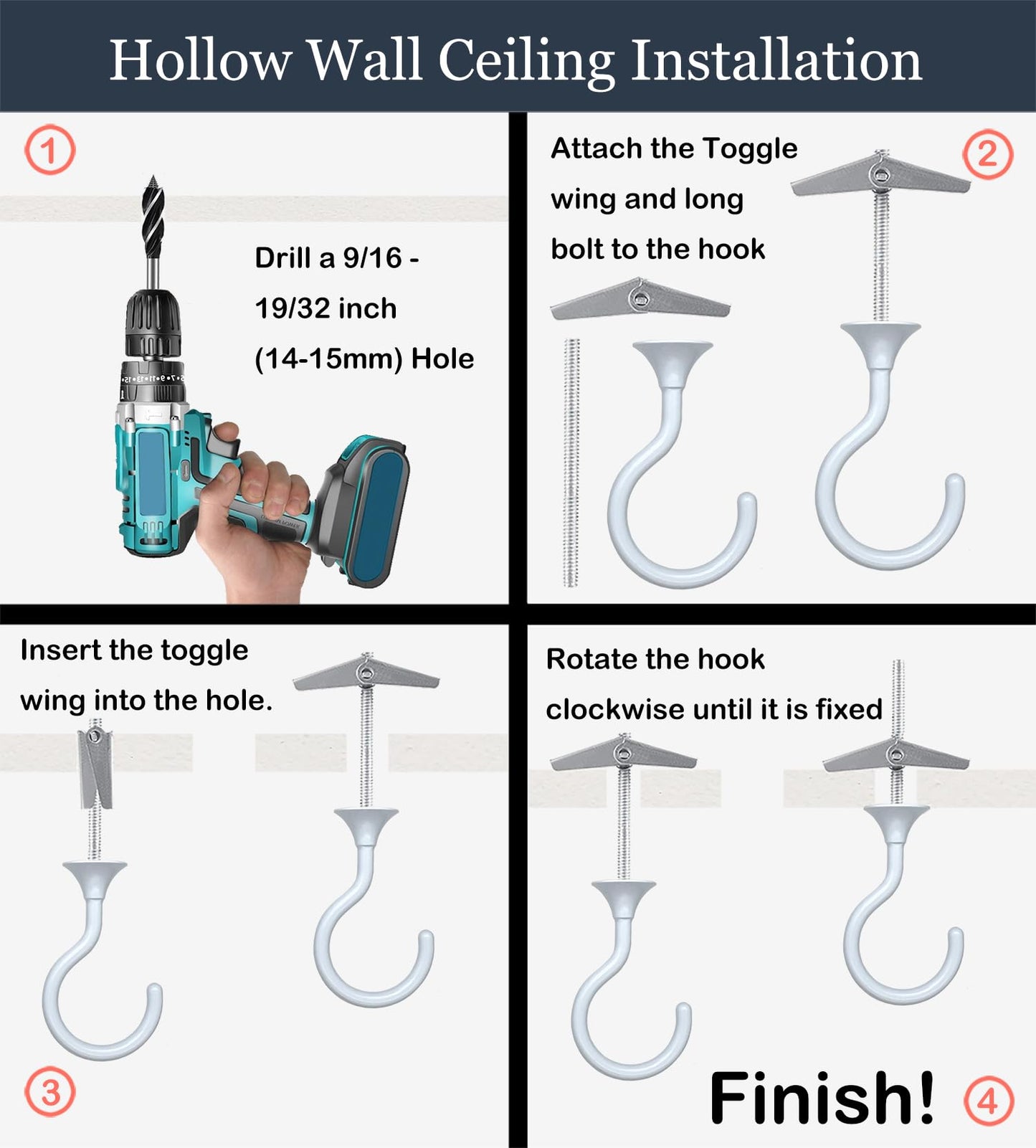 Evsteluo 4 Sets Heavy Duty Swag Ceiling Hooks with Hardware for Hanging Plants, Cavity Wall Fixing, Easy Installation, Holds Up to 30lbs, Ideal for Home & Garden (4 Sets, White)
