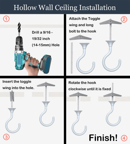 Evsteluo 4 Sets Heavy Duty Swag Ceiling Hooks with Hardware for Hanging Plants, Cavity Wall Fixing, Easy Installation, Holds Up to 30lbs, Ideal for Home & Garden (4 Sets, White)