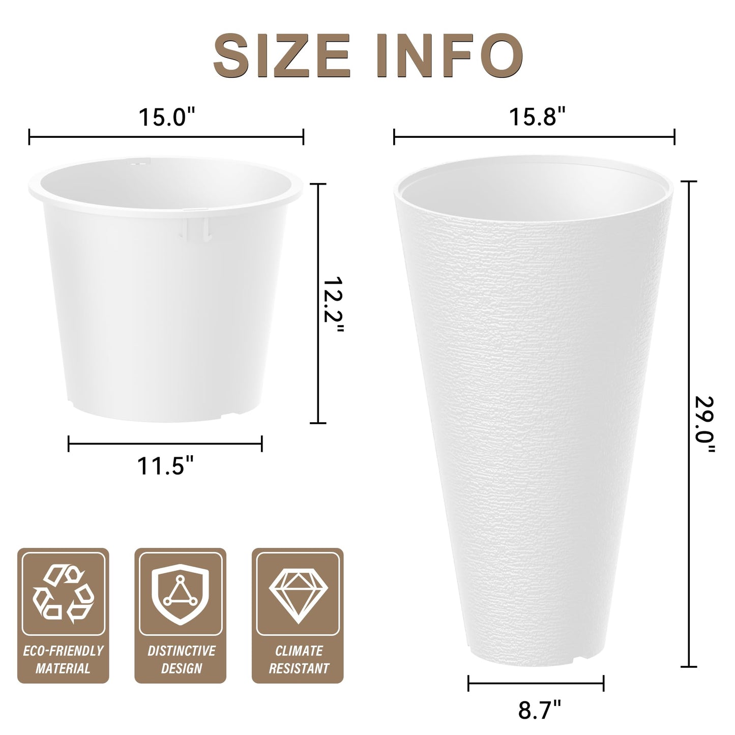 Kante Tall Round Planter Set of 2, 29 Inch Tall Decorative Planter Pots for Outdoor Indoor Garden Patio Front Porch (White)