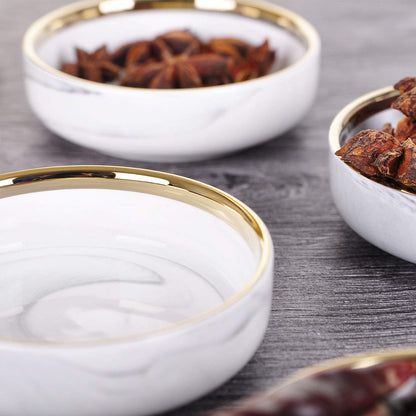 VanEnjoy 3.5 inches Marble Porcelain Side Dish Bowl Seasoning Dishes Soy Dipping Sauce Dishes-Set of 4, White with Gold Rim