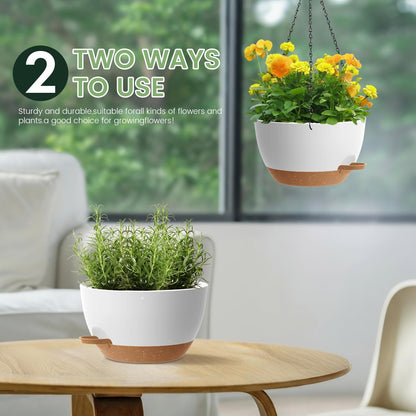 2 Pack 12 Hanging Flower Pots with Chains Self Watering Plastic Planters for Indoor Outdoor Plants, Sturdy Triangular Iron Chain Design for Garden PorchPlastic hanging flower pots (2, White-brown)