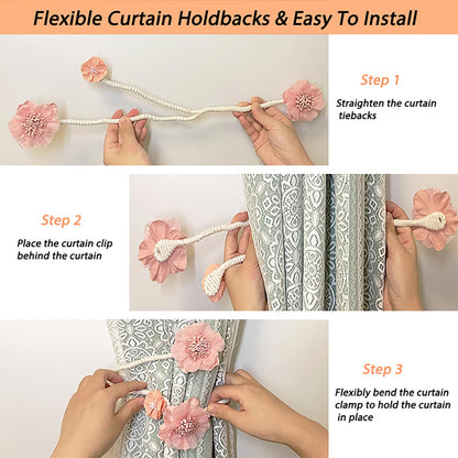Curtain Tiebacks 2 Packs, Artificial Flower Curtain Holdbacks Clips,Flexible Curtain Buckle Elegant Decorative for Home Living Room Bedroom (Blue)