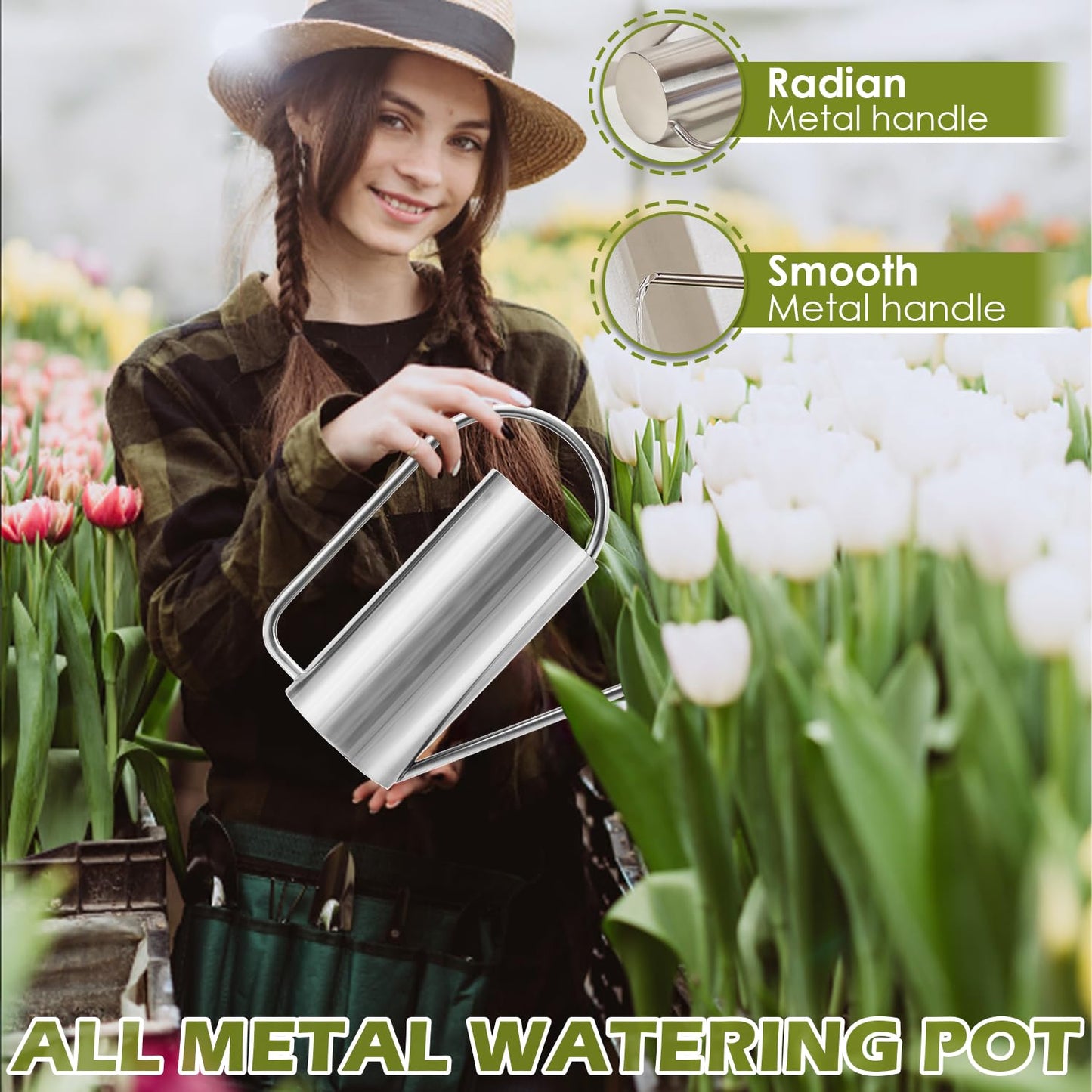 HomDSim Watering Can Outdoor, 50 oz/1.5L Watering Can with Long Spout and Handle, Stainless Steel Garden Watering Pot for Outdoor and Indoor Plants