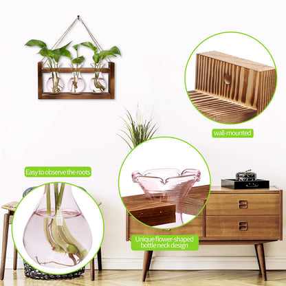 Plant Propagation Station Plant Terrarium Unique Birthday Gifts for Women Home Office Decor Planter with Wooden Stand - 3 Bulb Glass Vase