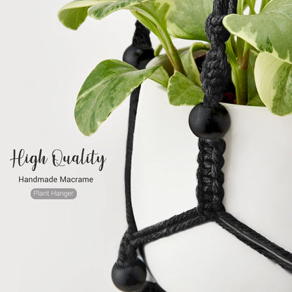 Mkono Macrame Plant Hanger Indoor Hanging Planter Basket and Ceiling Hooks, Wood Beads Decorative Flower Pot Holder for Indoor Outdoor Boho Home Decor, Black，Set of 2
