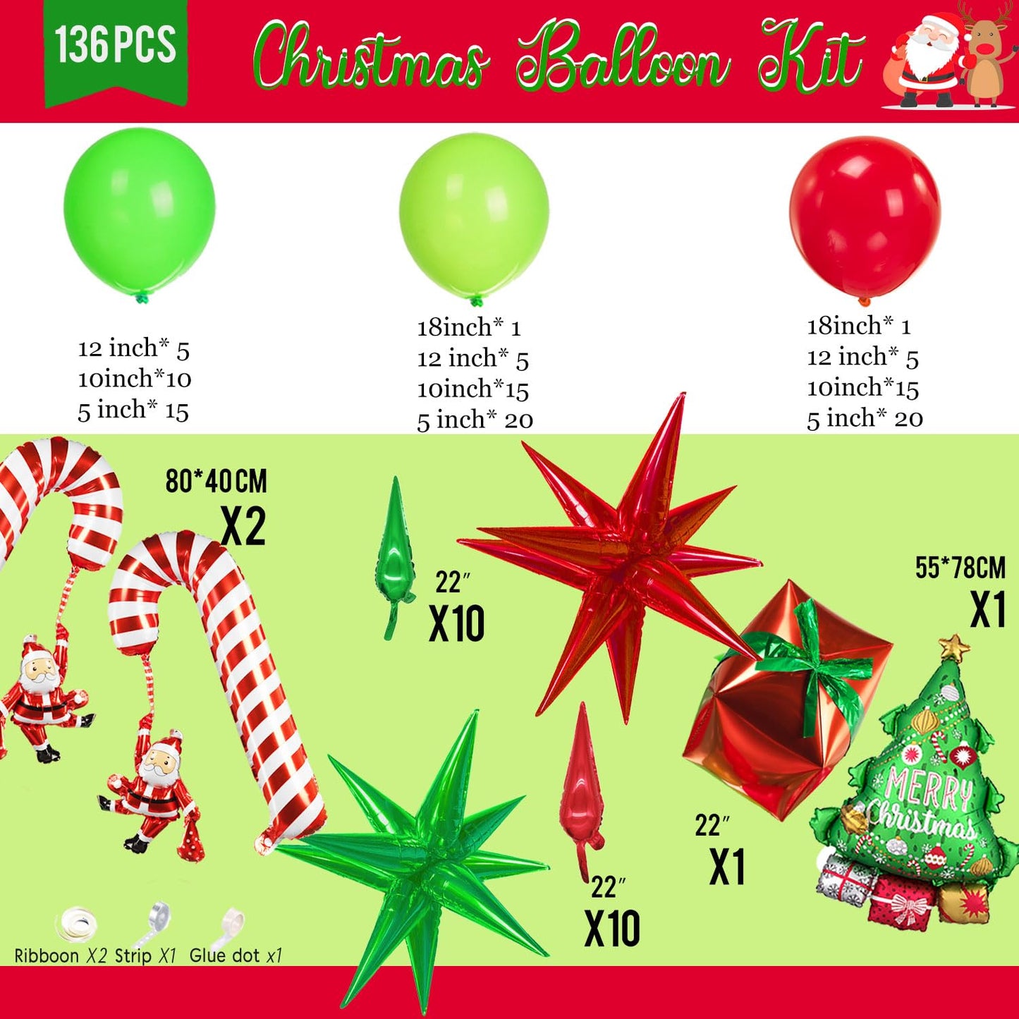 yeewaka Christmas Balloon Garland Arch Kit130+pcs Xmas Red Green Balloons with candy cane Christmas tree gift box Balloons for Kids Grinchmas Party Naughty Christmas Birthday Decorations
