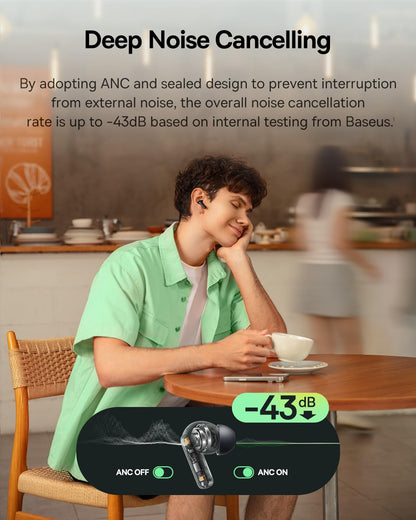 Baseus Bass BP1 NC Hybrid Active Noise Cancelling Wireless Earbuds, 12mm Super-Bass Driver, 41H Playtime, Bluetooth 6.0, IP55 Waterproof, 4-Mic AI ENC, 24 Customizable EQ