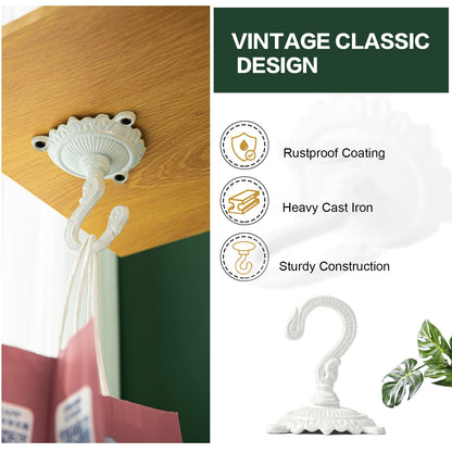 Sungmor Heavy Duty Ceiling Hooks for Hanging Plants, 2PC White 3.5x3.9Inch Large Cast Iron Ceiling Hooks, Antique Decorative Ceiling Swag Hooks for Hanging Planter Chandelier Wind Chime Lantern Hanger