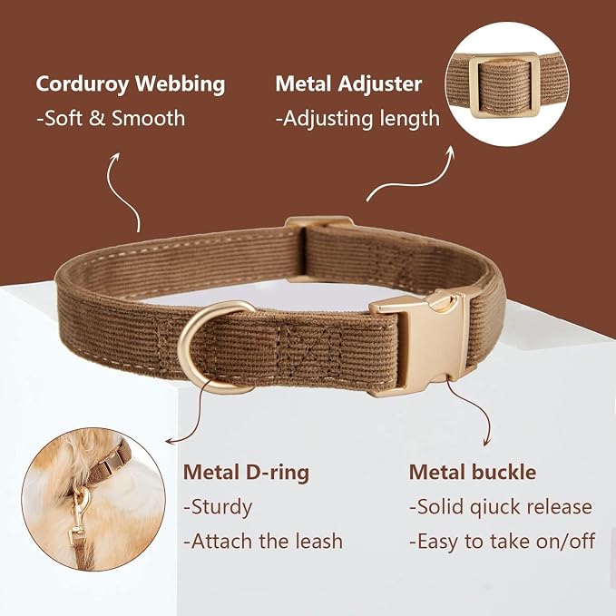Soft Corduroy Dog Collar and Leash Set Adjustable Durable Dog Collars with Metal Buckle and Lead for Large Dogs,Brown