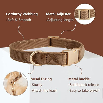 Soft Corduroy Dog Collar and Leash Set Adjustable Durable Dog Collars with Metal Buckle and Lead for Small Dogs,Brown