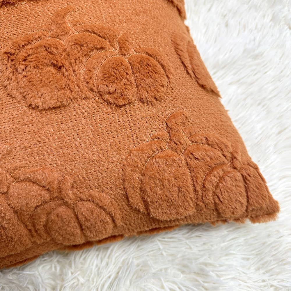 Booque Valley Fall Decorative Pillow Covers Set of 2 Soft Fluffy Faux Fur Wool Rust Pumpkin Throw Pillowcases for Autumn Halloween Farmhouse Home Decor, 20 x 20 inch, Terracotta