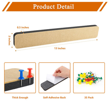HULAVO 8Pcs Rectangle Felt Cork Board Bar Strips with 35 Pushpins, Self-Adhesive Bulletin Board Strips for Office School Home Wall Decor Stickers Memos Schedules Photos Display -Gradual Green