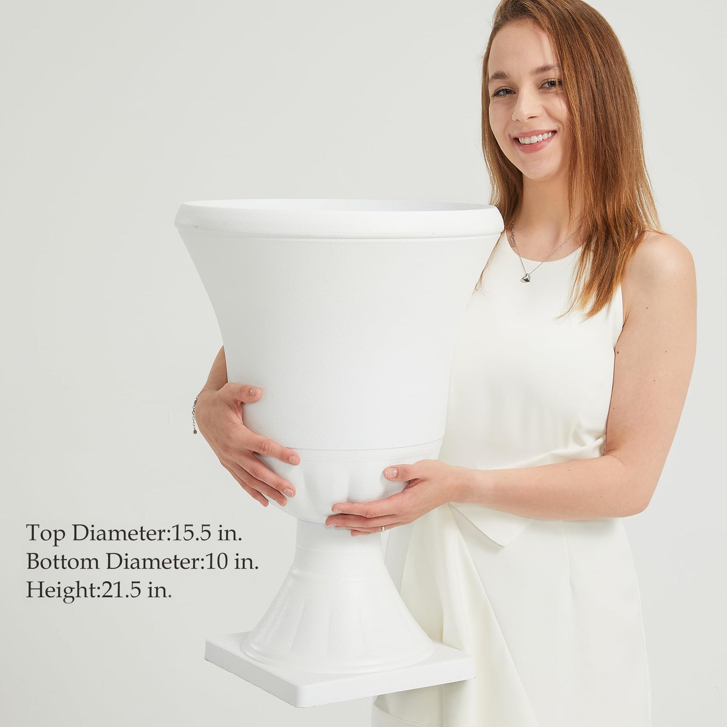 Worth Garden 2-Pack Plastic Urn Planters - 22'' Tall Round Classic Resin Flower Pots Pure White Traditional Large Roman Plant Pots for Front Porch Patio Deck Wedding Decoration Pot - Indoor & Outdoor