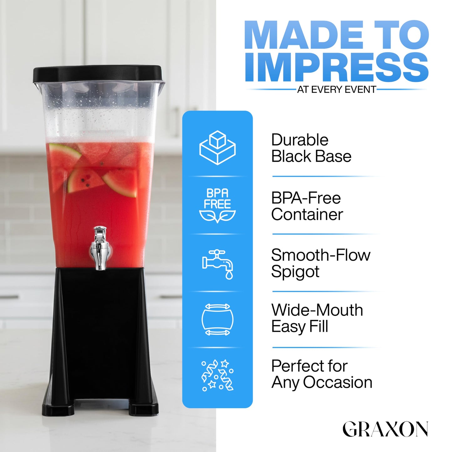 Large Drink Dispensers for Parties (3 Gallon) Slim Plastic Beverage Dispenser with Base for Counter Tops, No Mess, Easy to Assemble & Wash (2 Pack)