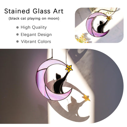 HDCRYSTALGIFTS 6.5'' Black Cat Decor on Purple Moon Stained Glass Window Hanging Suncatcher,Wall Art Glass Window Panel Sun Catcher,Halloween Decoration Memorial Gift for Lover Cat Loss