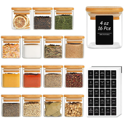 ComSaf 16Pcs Glass Spice Jars with Bamboo Lid, 4oz Airtight Square Spice Containers with 275 Black Lables, Empty Seasoning Jars for Spice Salt Sugar