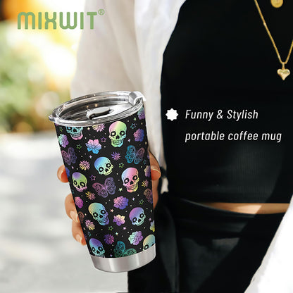 MIXWIT 20oz Rainbow Skull Stainless Steel Insulated Tumbler with Lid Colorful Floral & Butterflies Gothic Punk Style Coffee Travel Mug Cup Birthday Halloween Christmas Skull Gifts for Women