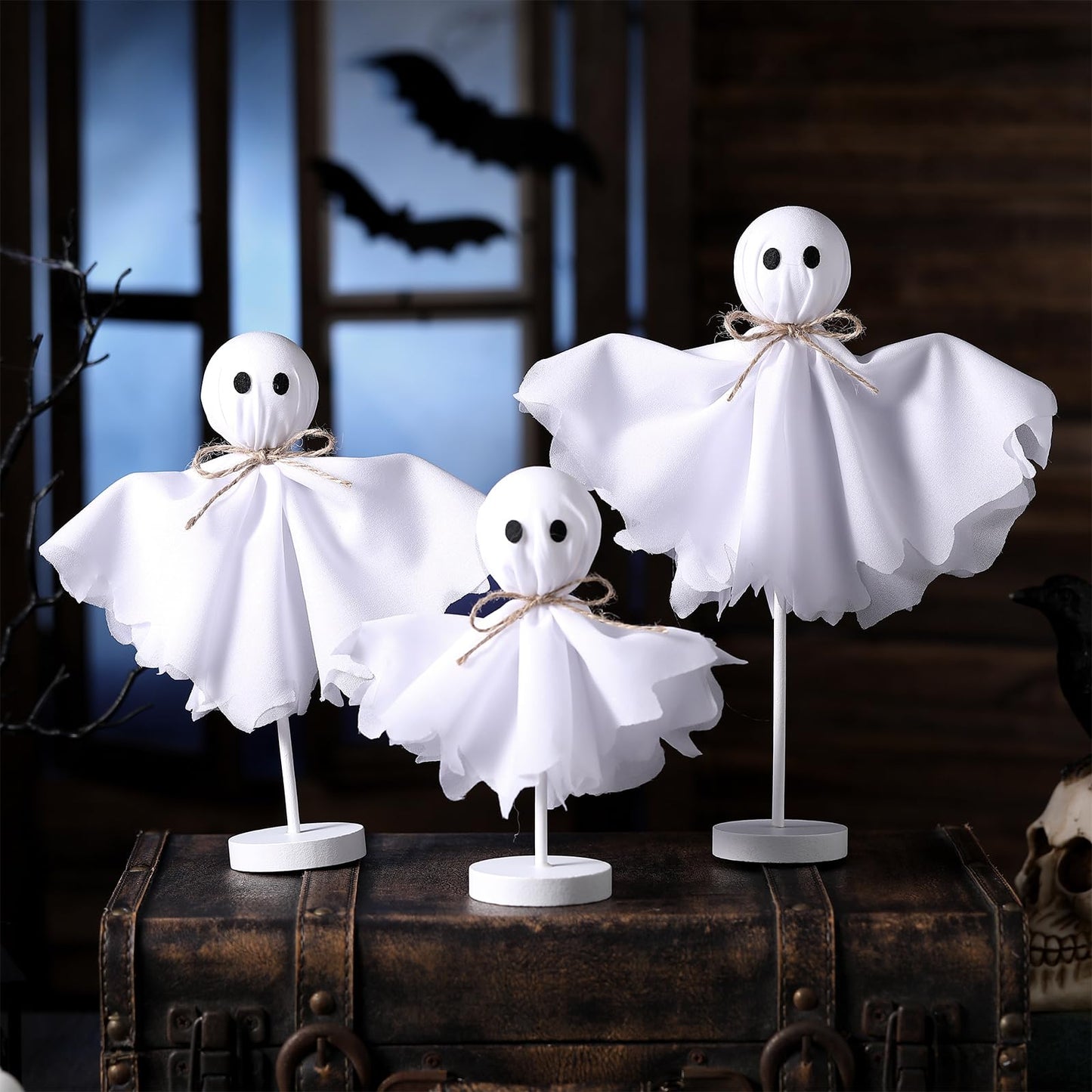 Yousoontic Ghosts Decorations Indoor Set of 3 Primitive Ghosts on Wooden Stand Farmhouse Rustic Table Decor Ghost Stand for Centerpieces Shelves Mantels Tiered Trays Home