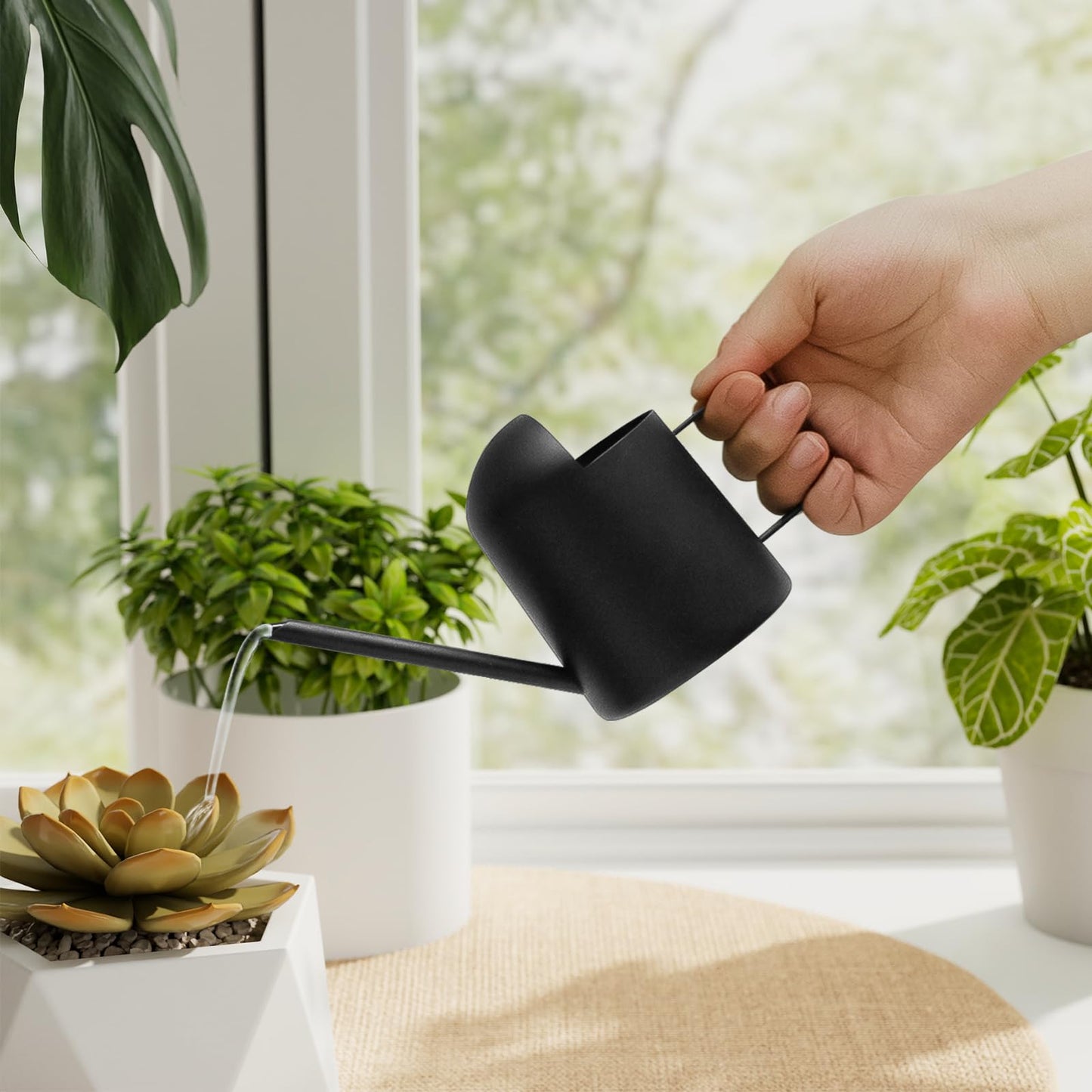Bamworld Small Watering Can Indoor Outdoor Plant Black Metal Stainless Steel Long Spoutt Flowers Watering Cans for House Garden Plants 10OZ Watering Bottle Cute Decorative for Bonsai