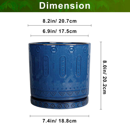 Eightpot Ceramic Planter - 8 Inch Plant Pot Indoor with Drainage Holes and Saucer Round Planter Outdoor Mid-Century Modern Flower Pot Succulent Pot for Home Decor Blue