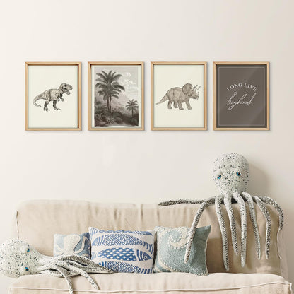 VONTP Retro Dinosaur Wall Art Decor, Long Live Boyhood, Dinosaur Nursery Decor for Boys Bedroom Living Room Dorm Toddler Decorations Teen Boy Kid Wall Decor, 8x10 Inch Set of 4 (Unframed)