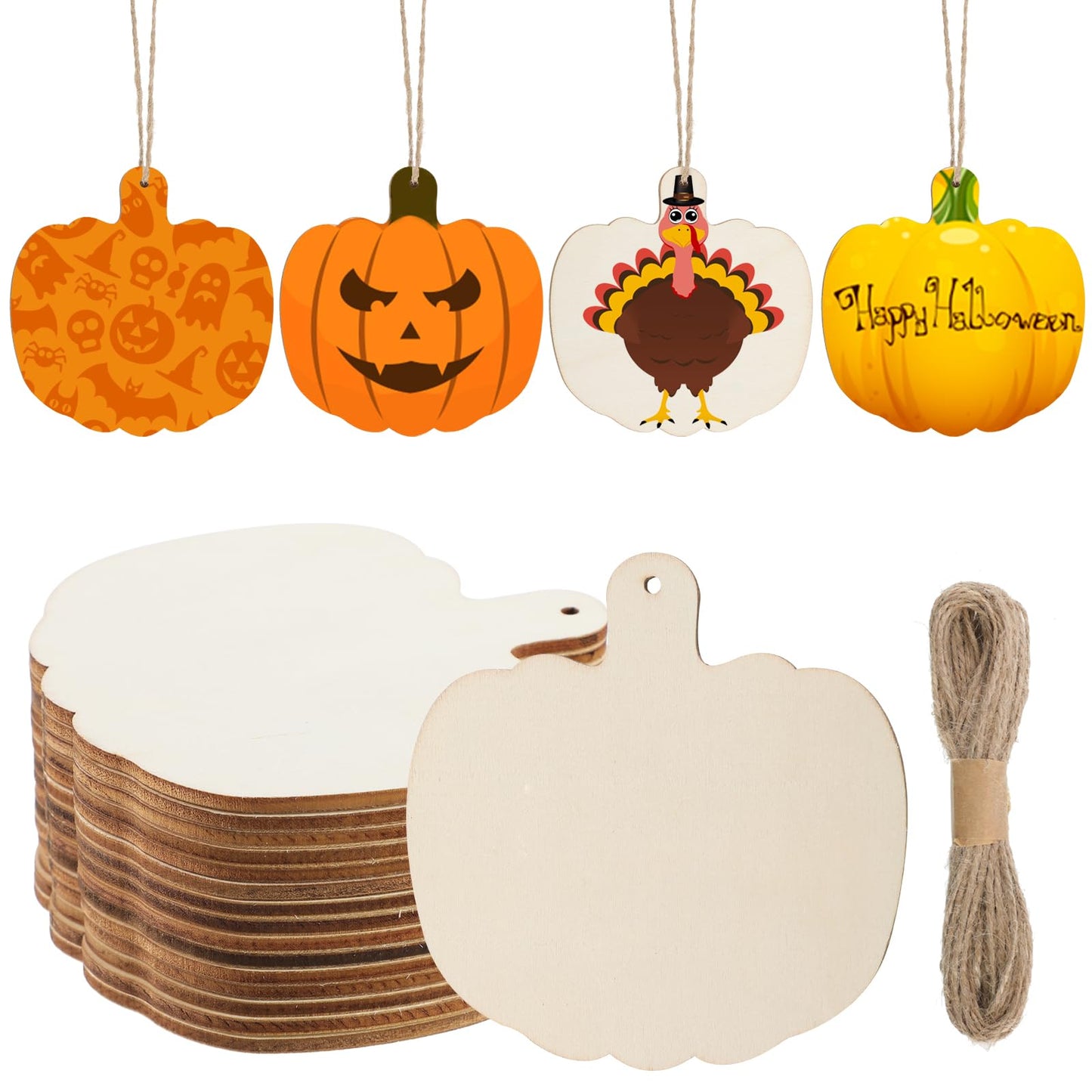 60 Pcs Wooden Pumpkin Cutouts Unfinished Pumpkin Wood Slices Blank Fall Wood Cutouts with Hole Wood Thanksgiving Hanging Ornament with Rope for DIY Crafts Halloween Autumn Harvest Decor,3.86x3.94
